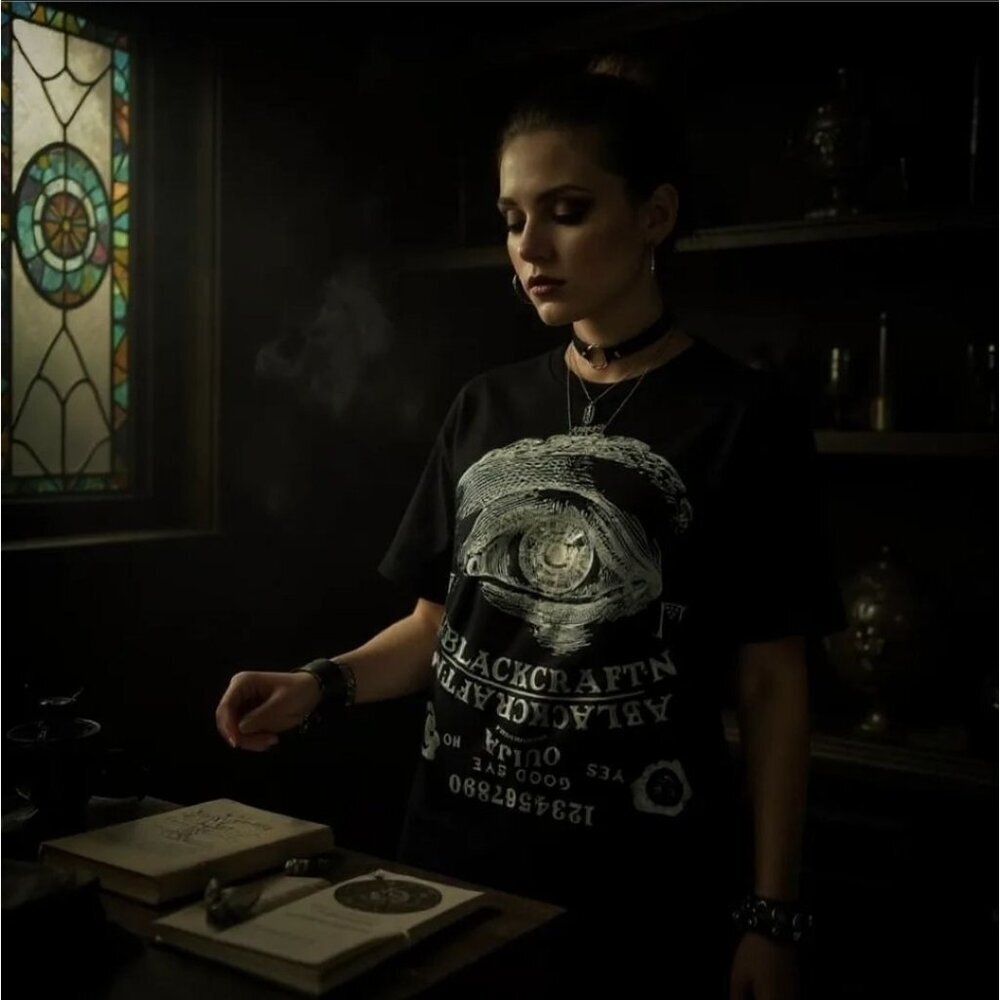 Blackcraft ✦ Ouija Eye Graphic Tee ✦ Black White Occult Print Unisex Cotton XS - Picture 4 of 7